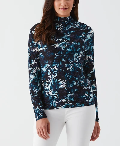 Ella Rafaella Women's Shadow Damask Print Ruched Mock Neck Long Sleeve Top