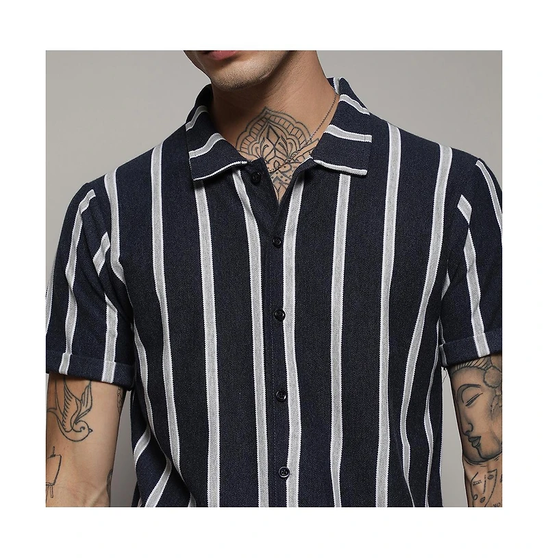 Campus Sutra Men's Prussian Blue Contrast Halo Striped Shirt