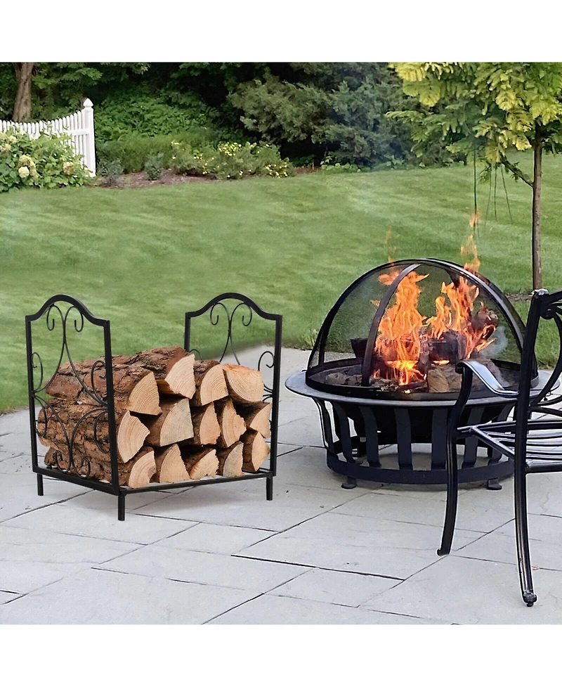 Akiudex Indoor Outdoor Steel Firewood Rack with Raised Base and Decorative Design
