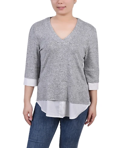 Ny Collection Petite Long Sleeve 2-In 1 Top