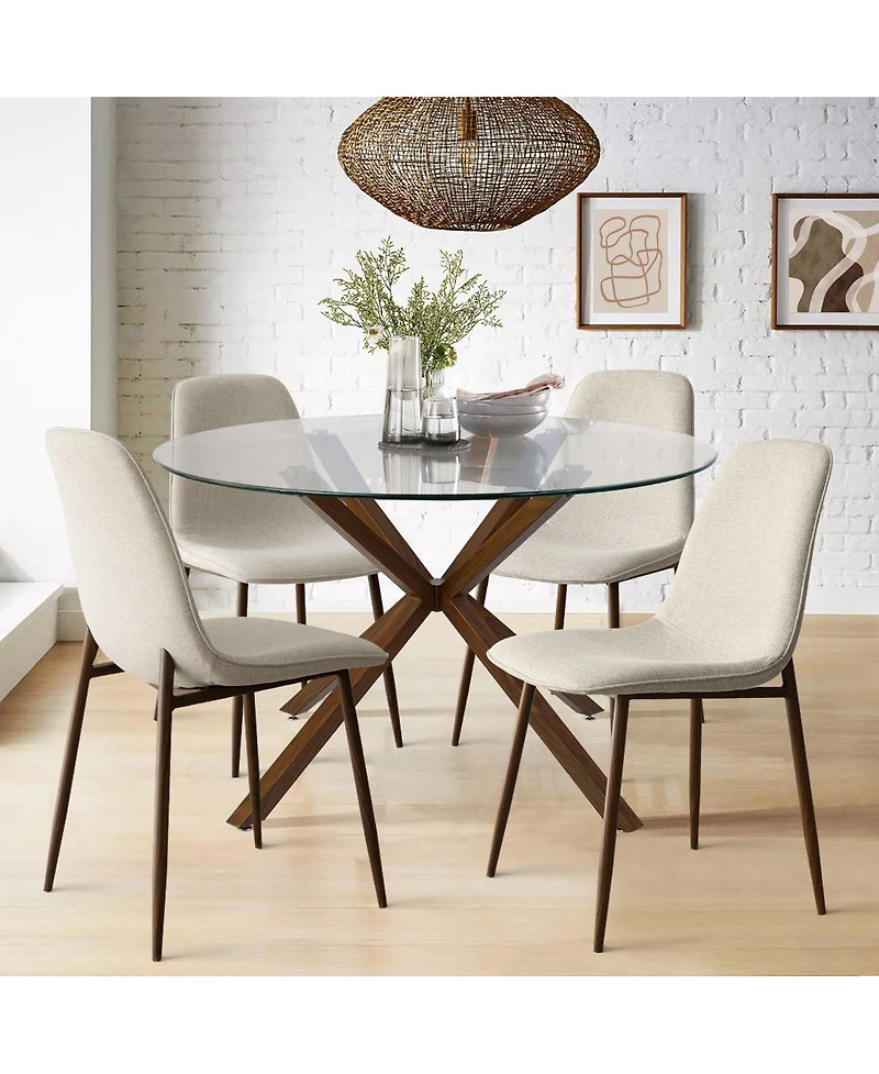 5-Piece Round Glass Dining Table Set for 4, Modern with Upholstered Fabric Chairs and Walnut Metal Legs-Maison Boucle