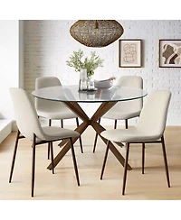 5-Piece Round Glass Dining Table Set for 4, Modern with Upholstered Fabric Chairs and Walnut Metal Legs-Maison Boucle