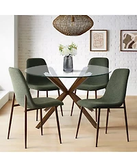 5-Piece Round Glass Dining Table Set for 4, Modern with Upholstered Fabric Chairs and Walnut Metal Legs-Maison Boucle
