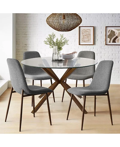 5-Piece Round Glass Dining Table Set for 4, Modern with Upholstered Fabric Chairs and Walnut Metal Legs-Maison Boucle
