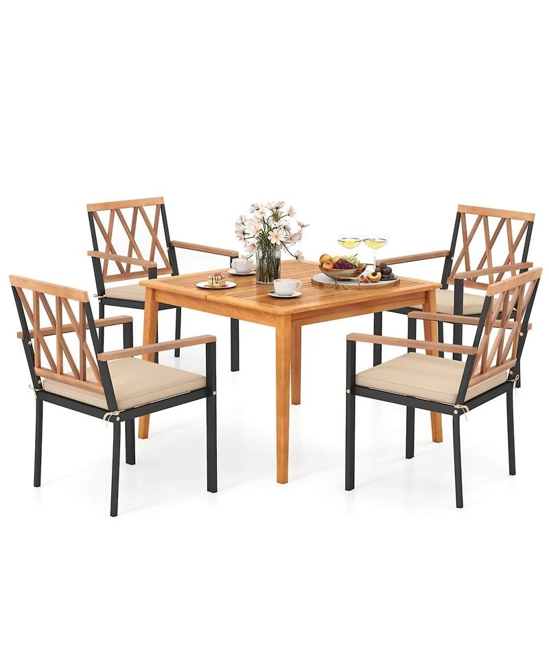 Gymax Set Of 5 Patio Acacia Wood Dining Set w/ Soft Seat Cushions Umbrella Hole for Yard