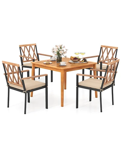 Gymax Set Of 5 Patio Acacia Wood Dining Set w/ Soft Seat Cushions Umbrella Hole for Yard