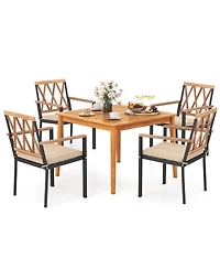 Gymax Set Of 5 Patio Acacia Wood Dining Set w/ Soft Seat Cushions Umbrella Hole for Yard
