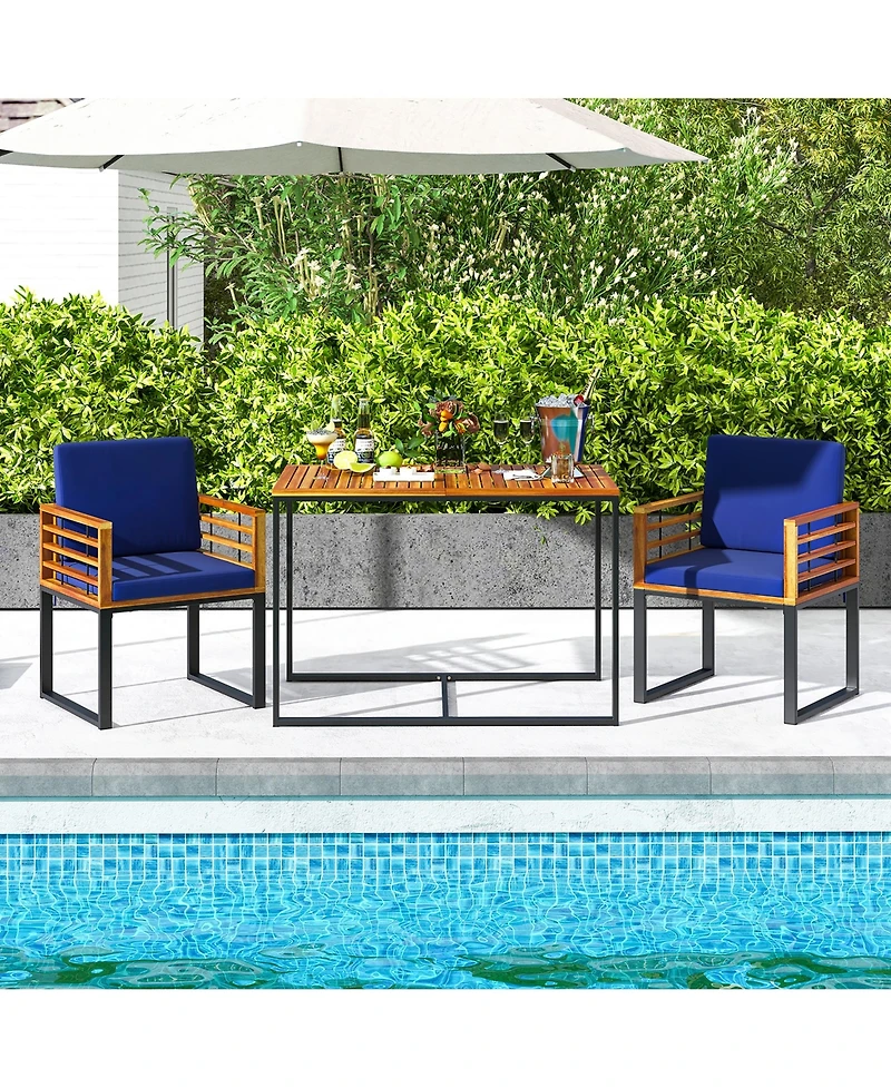 Gymax 3 Piece Outdoor Dining Set 2 Acacia Wood Armchairs w/ 43.5 Inch Dining Table