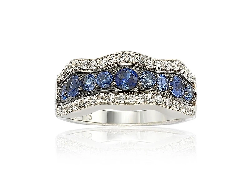 Suzy Levian New York Sterling Silver Sapphire & Created White 9 Stone Curvy Frame Ring