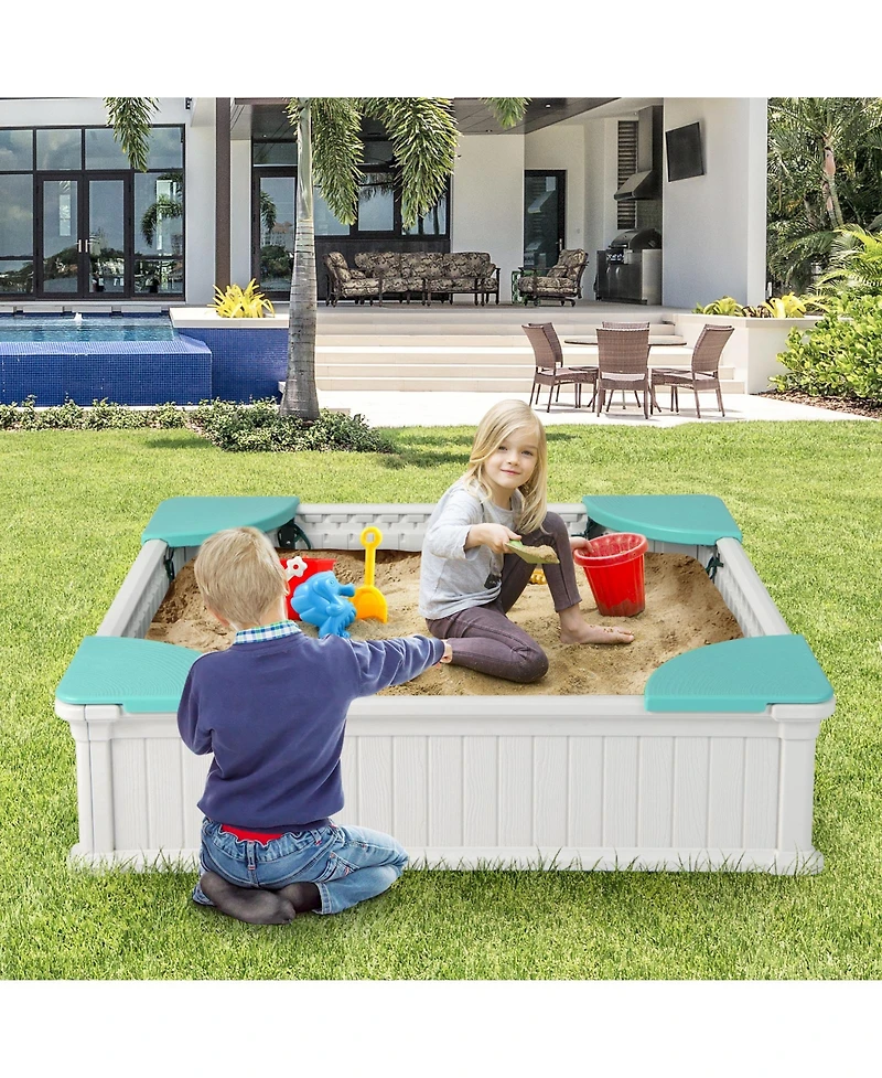 Akiudex Large Outdoor Kids Sandbox with Cover, Bottom Liner, and 4 Corner Seats