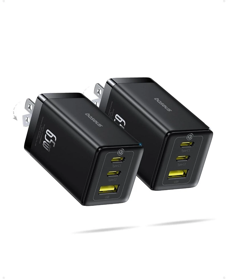 Baseus 2 Pack 65W Usb C Charger Block, Pps 3-Port Fast Compact Foldable Usb C Charger for MacBook, iPad Pro, Galaxy S24, iPhone 16/15 and More Series