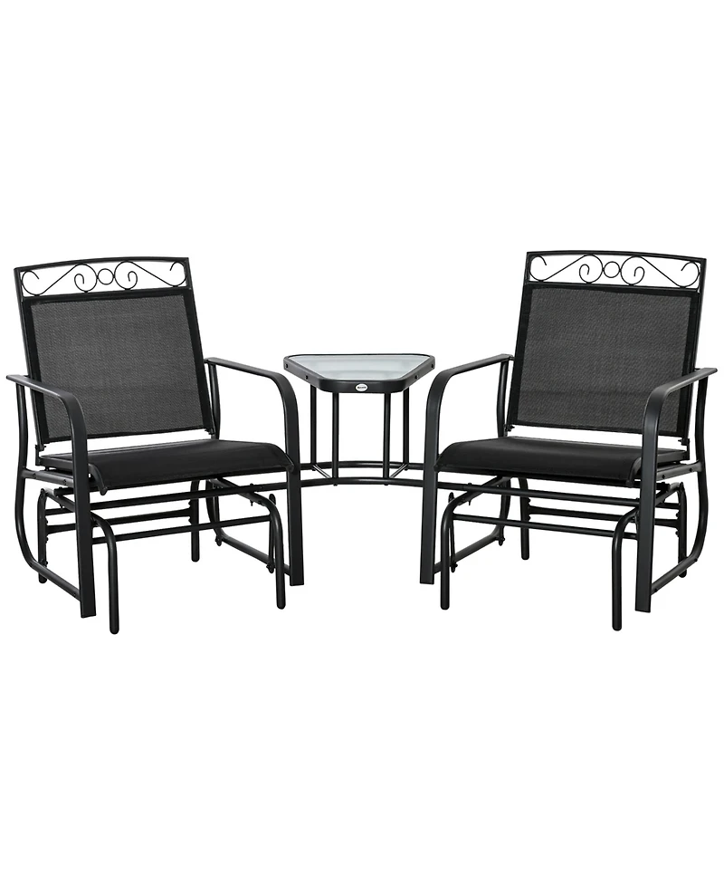 Flynama Outdoor Glider Chairs with Coffee Table, Patio 2-Seat Rocking Chair Swing with Breathable Sling for Backyard, Garden and Porch, Black