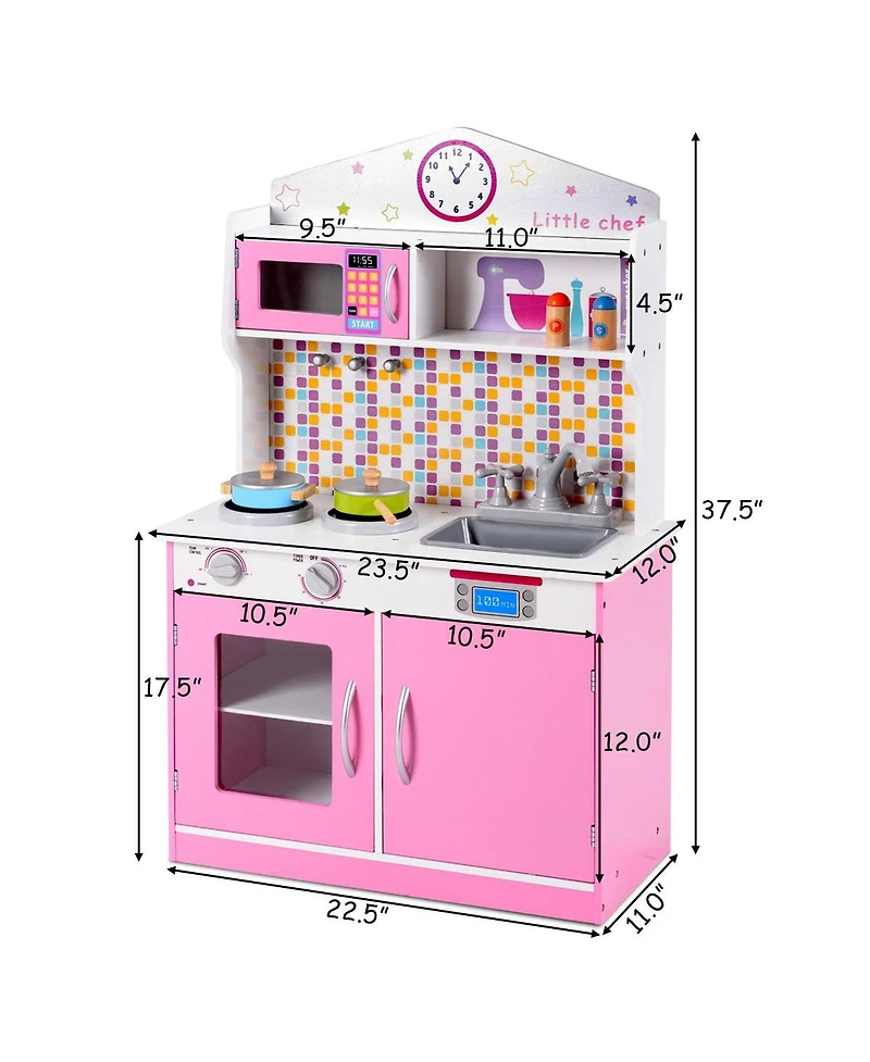 Akiudex Kids Wooden Play Kitchen Set with Sink, Stove, and Microwave