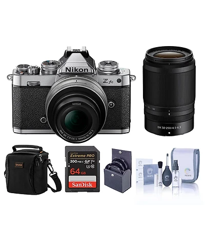 Nikon Z fc Dx-Format Mirrorless Camera with 16-50mm f/3.5-6.3 Lens, Silver and 50-250mm f/4.5-6.3 Lens, Bundle with 64GB Memory Card, Bag, 62mm and 46