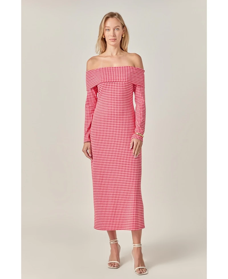 English Factory Women's Gingham Off The Shoulder Midi Dress