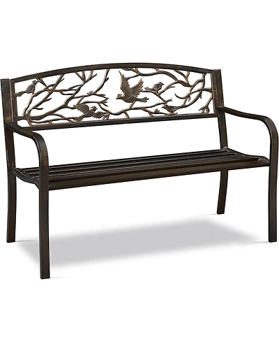 Slickblue Cast Iron Garden Bench with Metal Finish and Bird Pattern Backrest for Outdoor Use