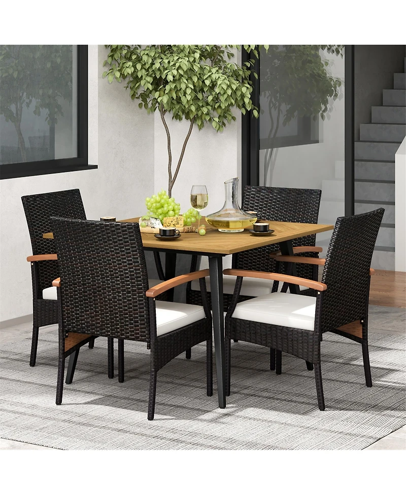 Gymax 5PCS Patio Pe Wicker Dining Set Table and Chairs w/ Cushions 1.9'' Umbrella Hole