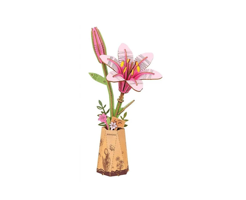 Robotime 3D Puzzles Pink Lily Diy Model Building Kits Artifical Flower Toys for Thanksgiving Mother's Day, Multicolored, 9.65"6.5"1.65"