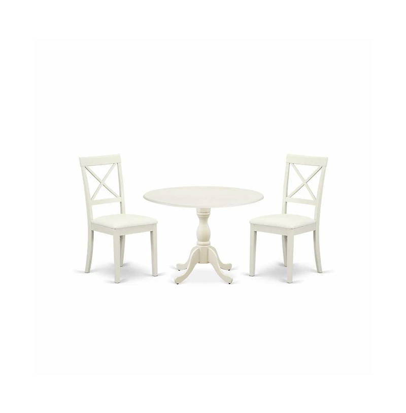 East West Furniture 3 Piece Dinning Room Table Set Consists of 1 Drop Leaves Modern Dining Table and 2 Linen White Faux Leather Kitchen Chairs with X-