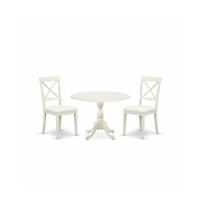 East West Furniture 3 Piece Dinning Room Table Set Consists of 1 Drop Leaves Modern Dining Table and 2 Linen White Faux Leather Kitchen Chairs with X-