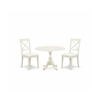 East West Furniture 3 Piece Dinning Room Table Set Consists of 1 Drop Leaves Modern Dining Table and 2 Linen White Faux Leather Kitchen Chairs with X-