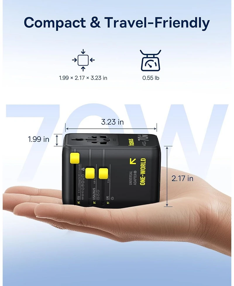 Baseus 70W Universal Travel Adapter with Retractable Cable, 6-in-1 International Plug Adapter, Usb-c Pd Fast Charging Worldwide Wall Charger
