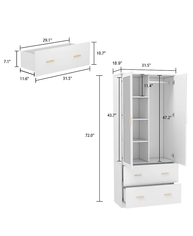 Wardrobe with Mirror and 2-Door 2-Drawer, Bedroom Armoire, Closet