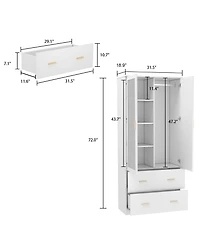 Wardrobe with Mirror and 2-Door 2-Drawer, Bedroom Armoire, Closet