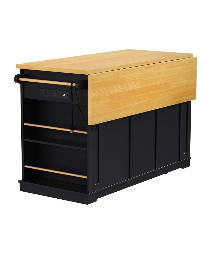 Casainc 53" Kitchen Island With 2 Bar Stools, Drop Leaf, Power Outlet, Open Racks and Drawers on Wheels