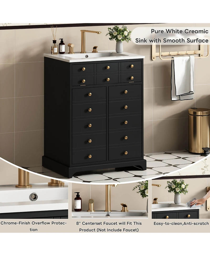 Casainc 24" Bathroom Vanity With Ceramic Sink, 1 Drawer and 2 Soft-Close Doors for Small Spaces