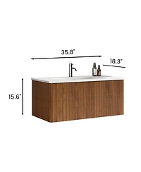Casainc Etna 36" Wall-Mounted Vanity With Ceramic Sink and Striped Look, Pre-Assembled Design