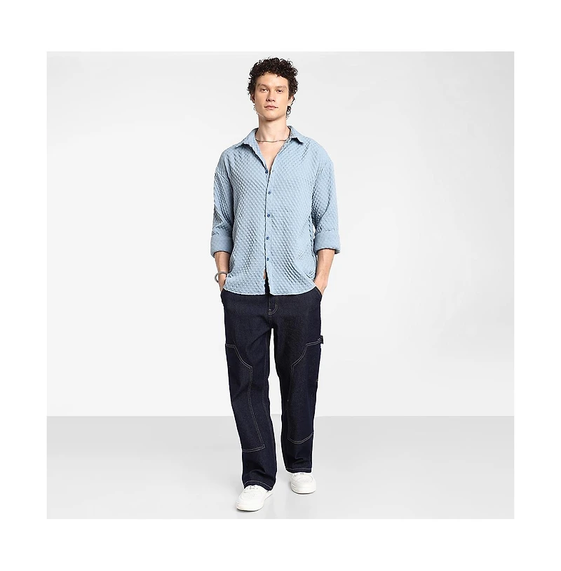 Campus Sutra Men's Cornflower Blue Cubic-Textured Oversized Shirt