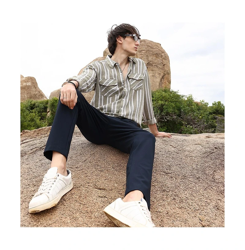 Campus Sutra Men's Peanut Brown & Off-White Utility Halo-Stripe Oversized Shirt