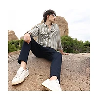 Campus Sutra Men's Peanut Brown & Off-White Utility Halo-Stripe Oversized Shirt