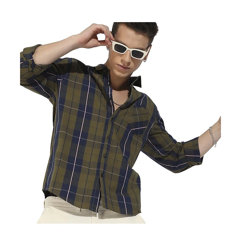 Campus Sutra Men's Olive Green Tartan Plaid Shirt