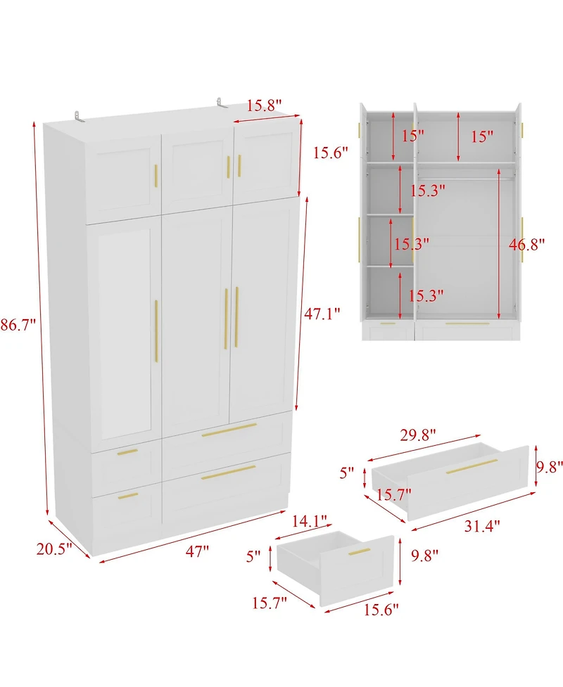 Homsee Luxurious white linen 6-door 4-drawer wardrobe with mirror, bedroom Armoire, Closet