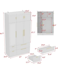 Homsee Luxurious white linen 6-door 4-drawer wardrobe with mirror, bedroom Armoire, Closet