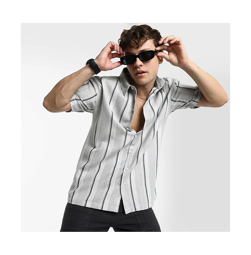 Campus Sutra Men's Ash Grey Unbalanced Striped Shirt