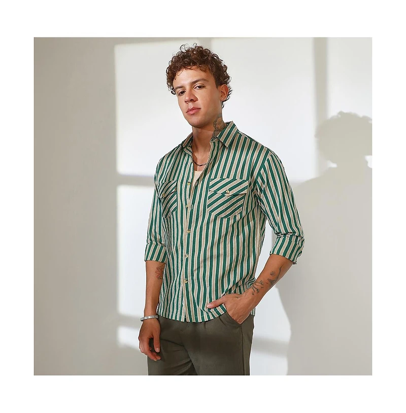 Campus Sutra Men's Forest Green & Khaki Beige Candy Striped Oversized Shirt