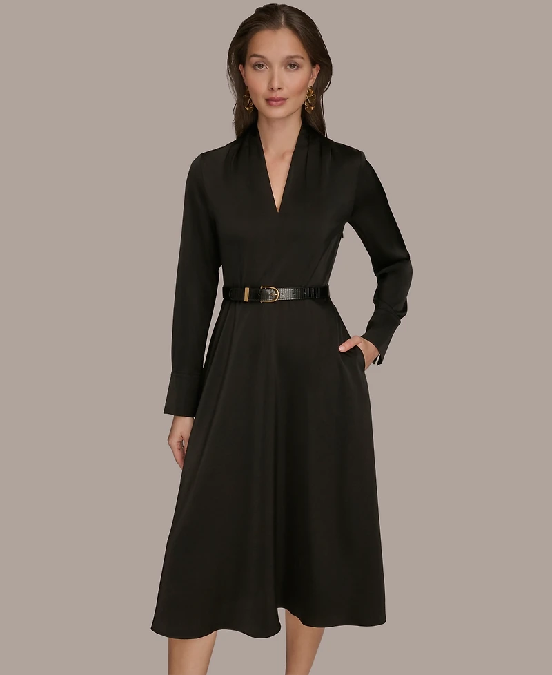 Donna Karan New York Women's Satin V-Neck Belted A-Line Midi Dress
