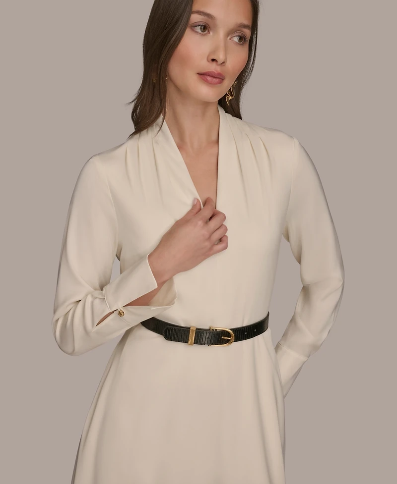 Donna Karan New York Women's Satin V-Neck Belted A-Line Midi Dress