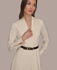Donna Karan New York Women's Satin V-Neck Belted A-Line Midi Dress