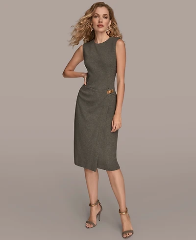Donna Karan New York Women's Sleeveless Faux Wrap Midi Sheath Dress