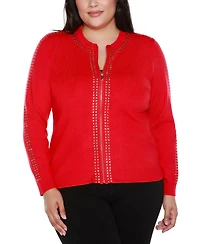 Belldini Plus Crewneck Embellished Zip Cardigan Sweater
