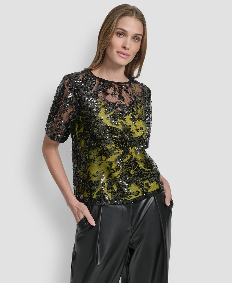 Dkny Women's Short Sleeve Sequin Overlay Boxy Top
