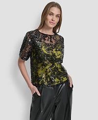 Dkny Women's Short Sleeve Sequin Overlay Boxy Top