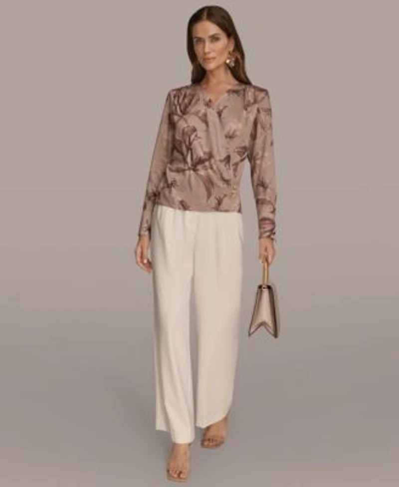 Donna Karan New York Womens Long Sleeve Printed Top Pleated Wide Leg Pants