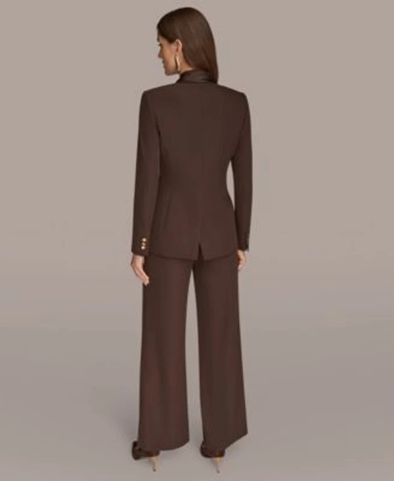 Donna Karan New York Womens Mixed Media Draped Neck Blazer High Waist Wide Leg Pant