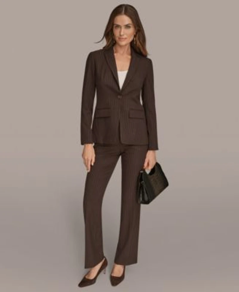 Donna Karan New York Womens Pinstripe One Button Blazer Mid Rise Straight Fit Pinstripe Pant