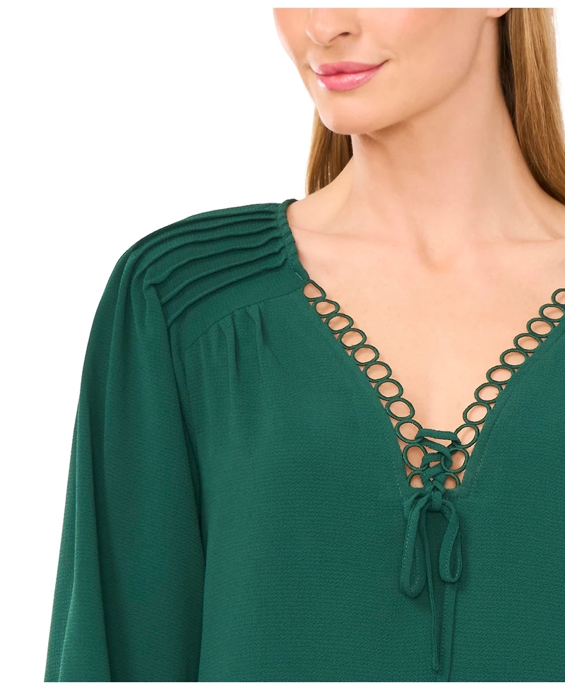 CeCe Women's Circular Trim Pin-Tuck Long Sleeve Blouse